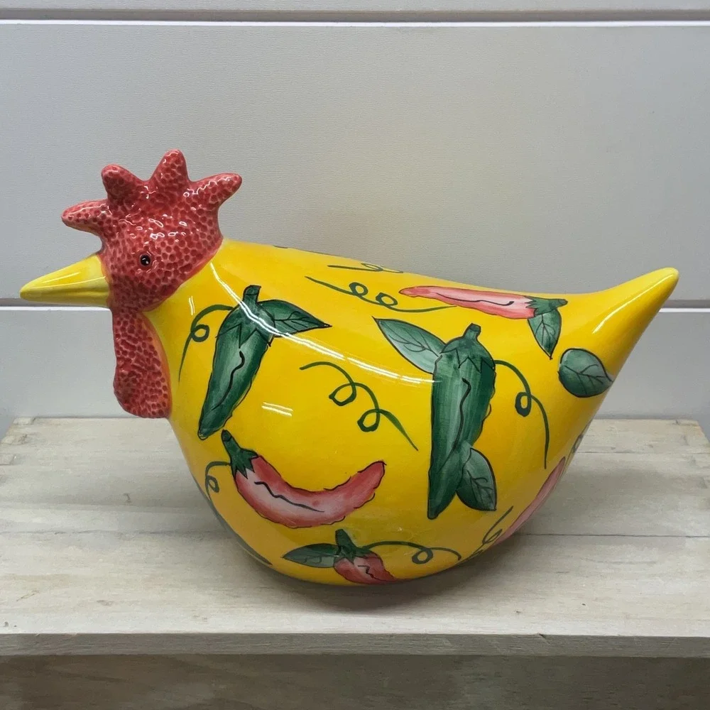 CBK Ltd 1999 Handpainted Ceramic Chicken Figurine Yellow Chili Pepper Rooster